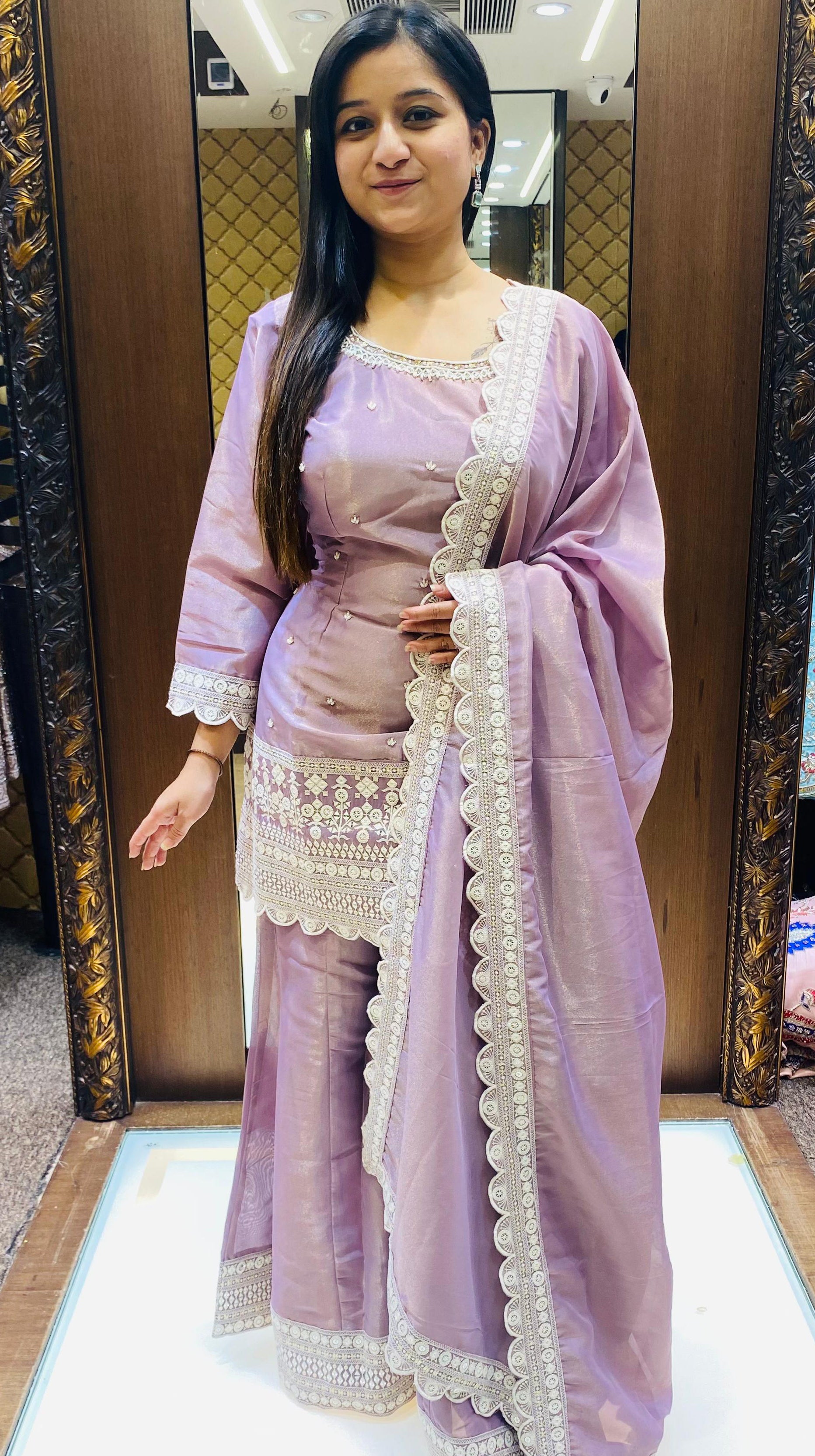 Lilac Color Organza Hand Work Gharara Suit